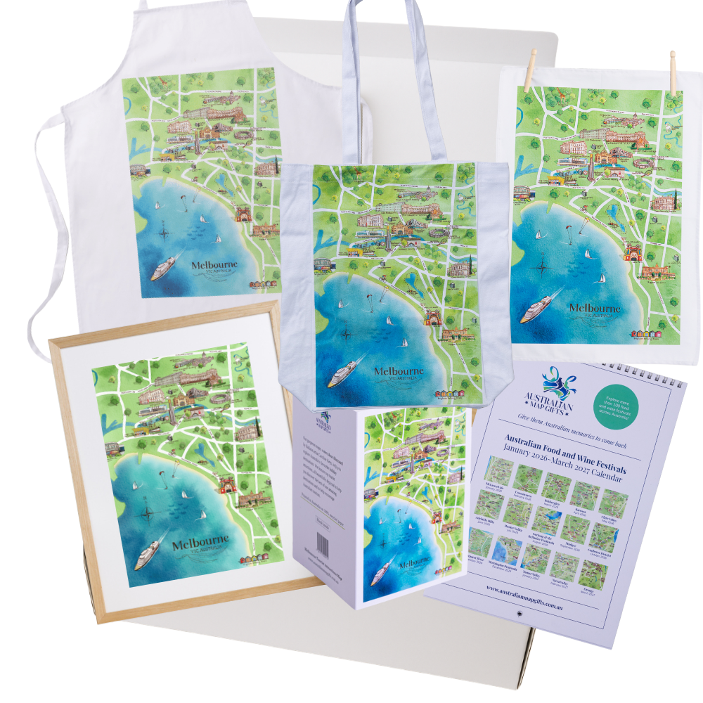 Melbourne DIY gift box with apron, tea towel, A4 print, greeting card, tote bag and Australian Food &amp; Wine Festivals Calendar