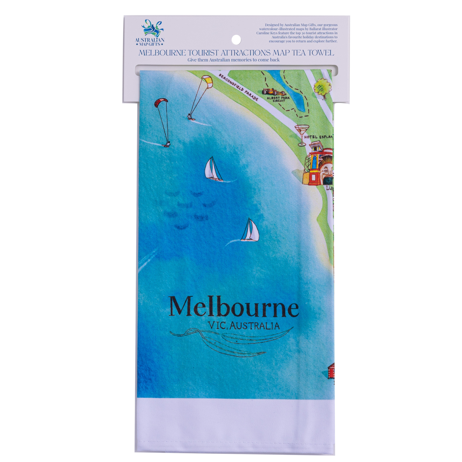 Melbourne tourist attractions map cotton tea towel header tag
