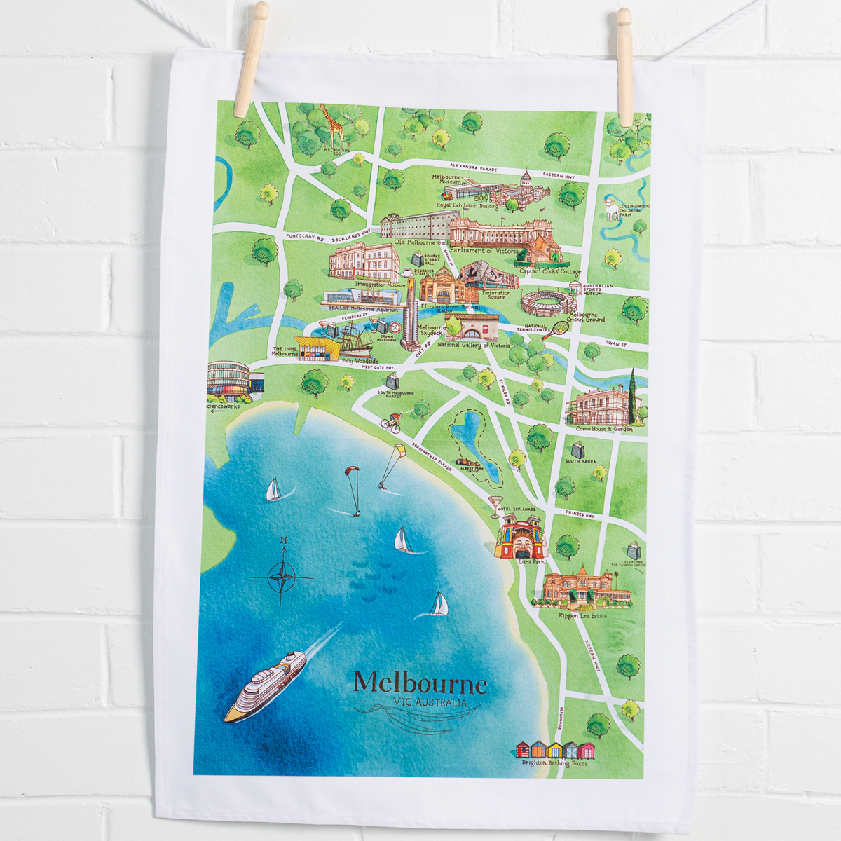 Melbourne tourist attractions map cotton tea towel on wall
