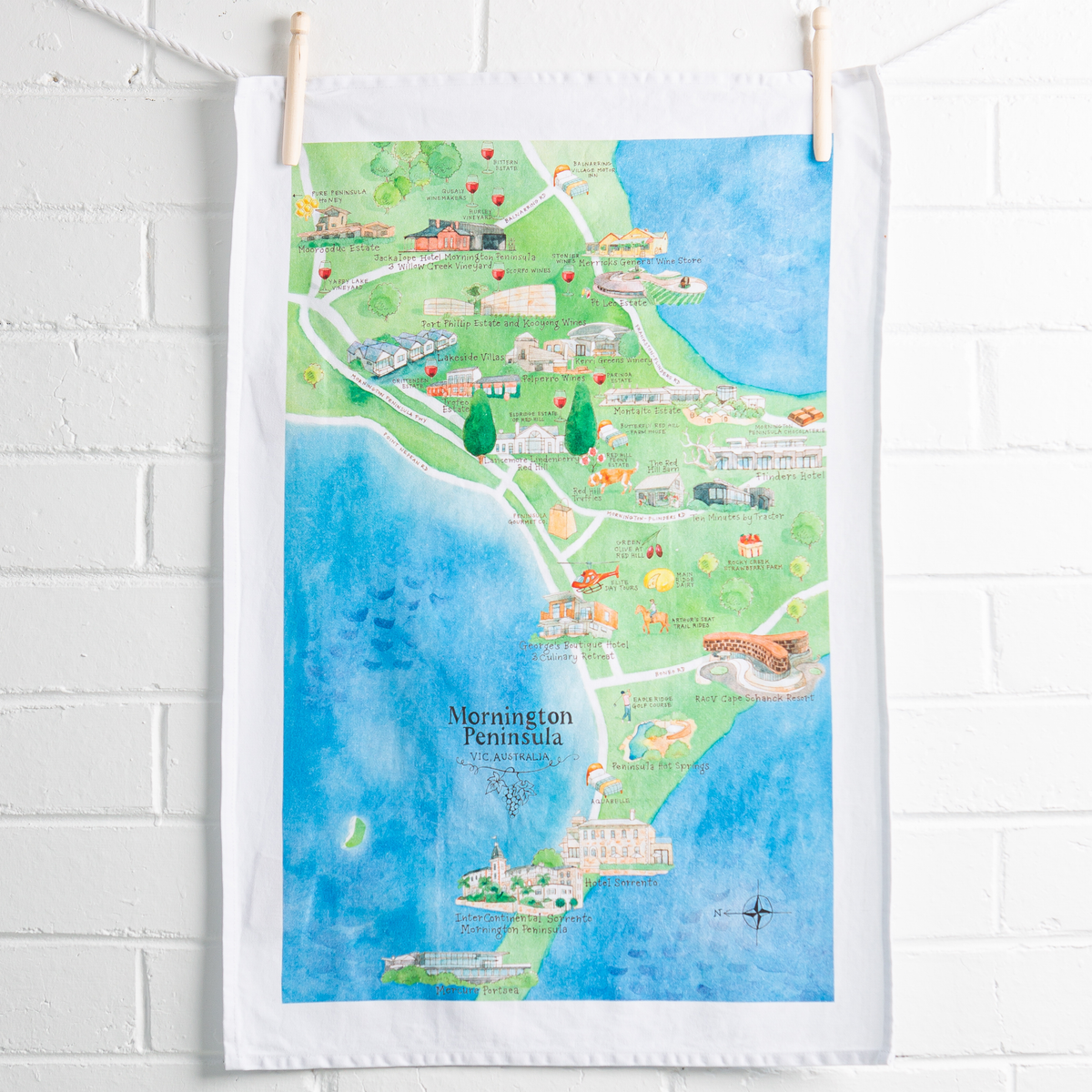 Australian_Map_Gifts_cotton_Mornington_Peninsula_wine_region_map_tea_towel_on_wall