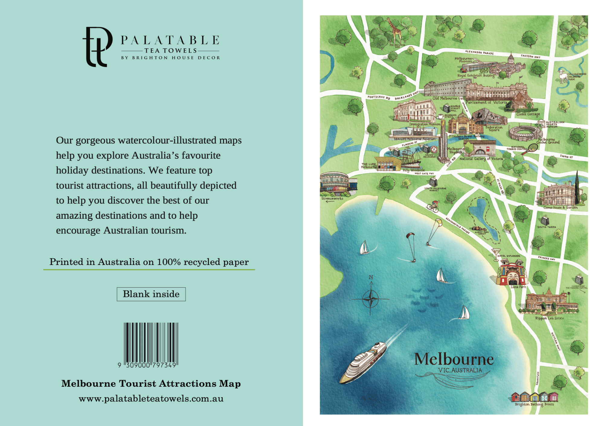 Melbourne A6 Greeting Card Tourist Attractions Map