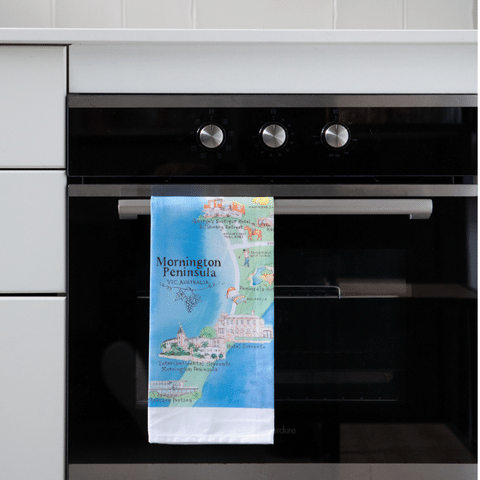 Palatable Tea Towels Mornington Peninsula wine region tea towel over oven door