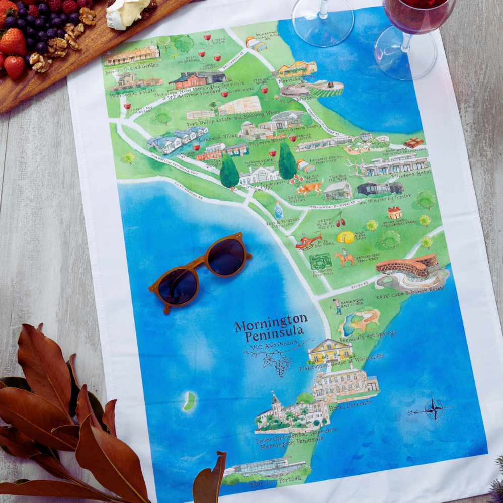 Australian Map Gifts cotton Mornington Peninsula 3.0 wine region map tea towel styled