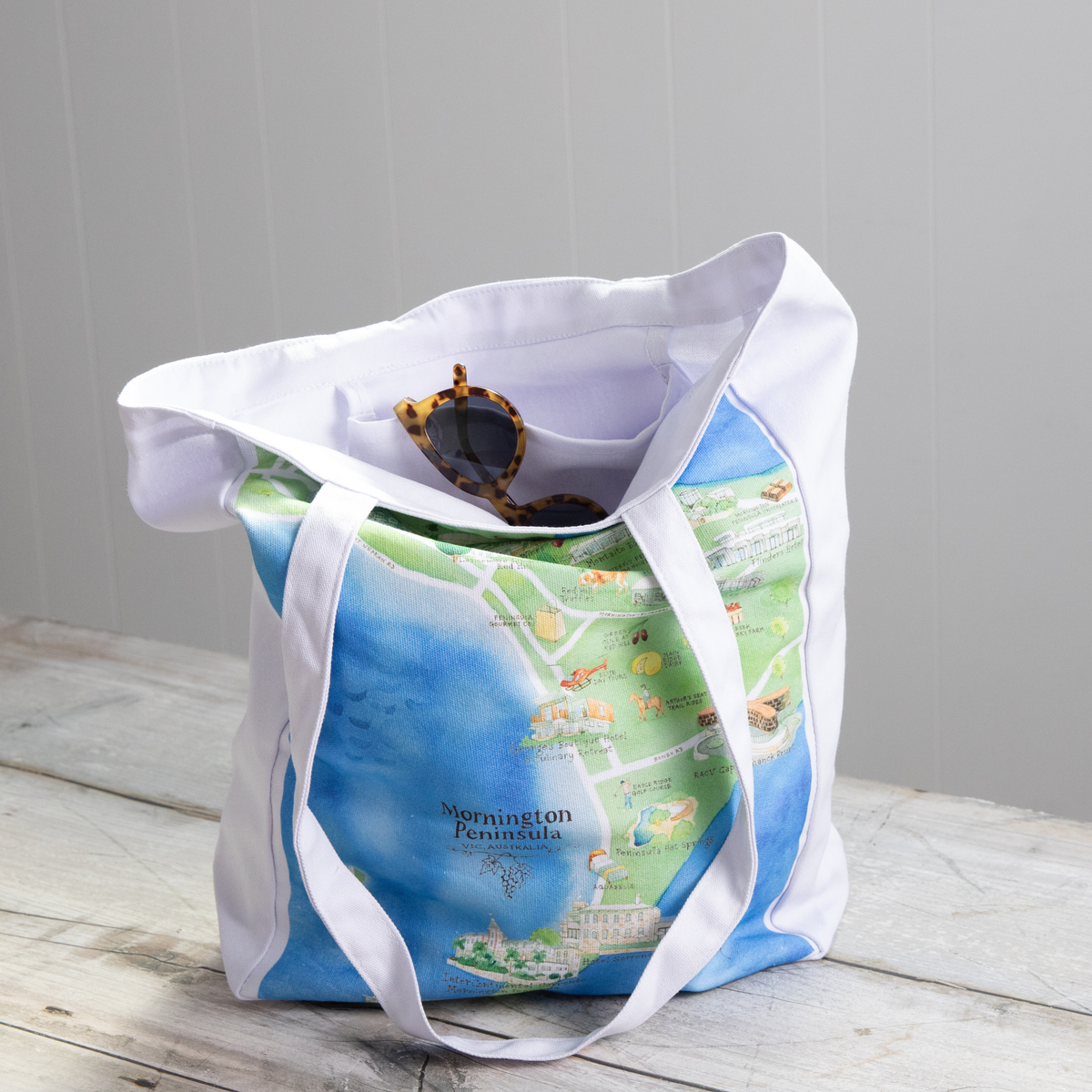 Mornington_Peninsula_wine_region_map_canvas_tote_bag_with_sunglasses