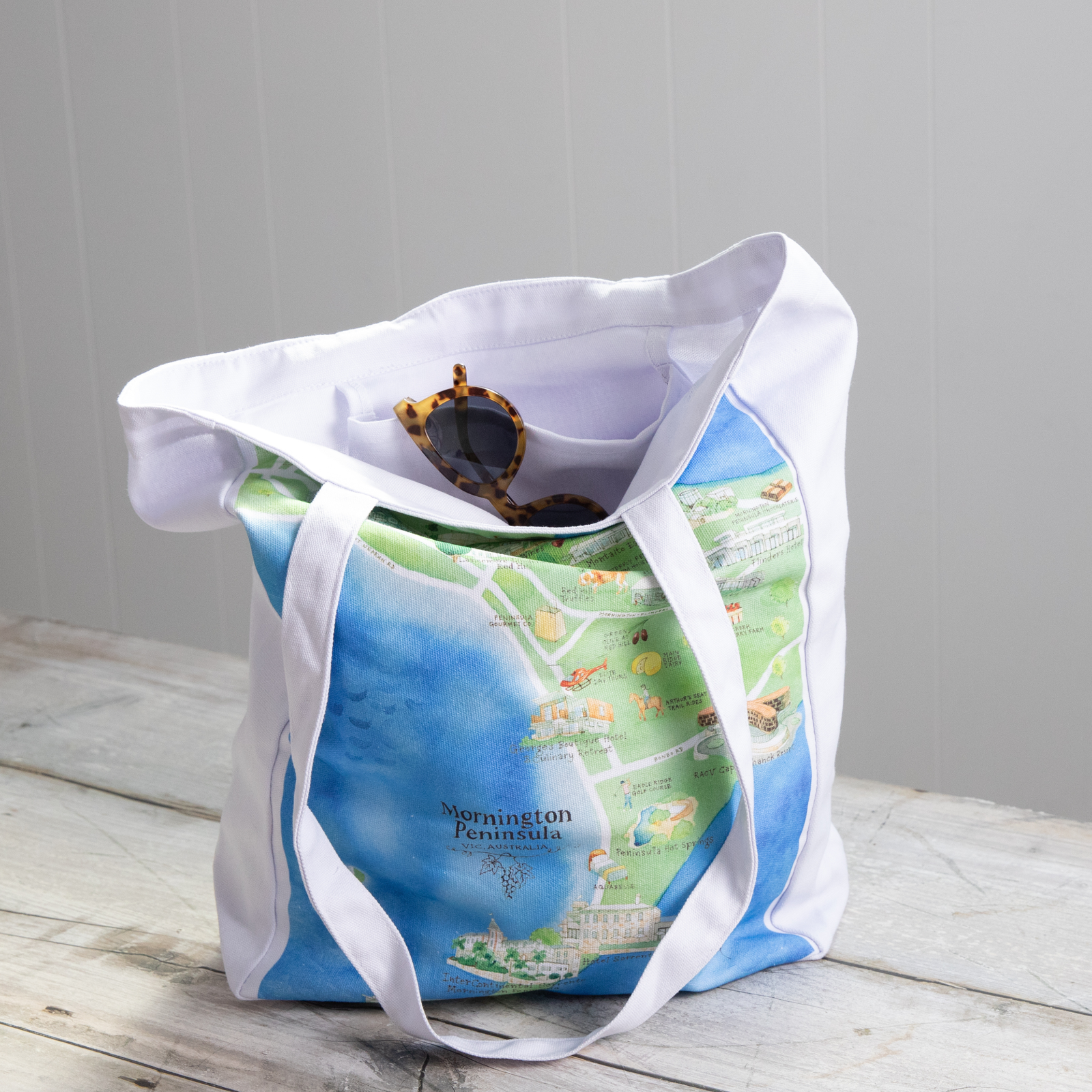 Mornington_Peninsula_wine_region_map_canvas_tote_bag_with_sunglasses