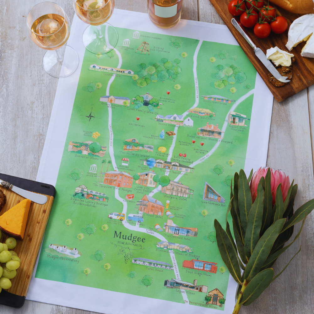Australian Map Gifts cotton Mudgee 3.0 wine region map tea towel on wall