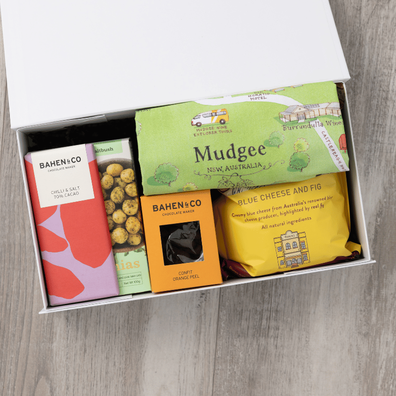 Gourmet popcorn, artisanal chocolate, hand-roasted macadamias, plus a watercolour-illustrated map cotton tea towel of Mudgee and matching greeting card in a gift hamper with free delivery