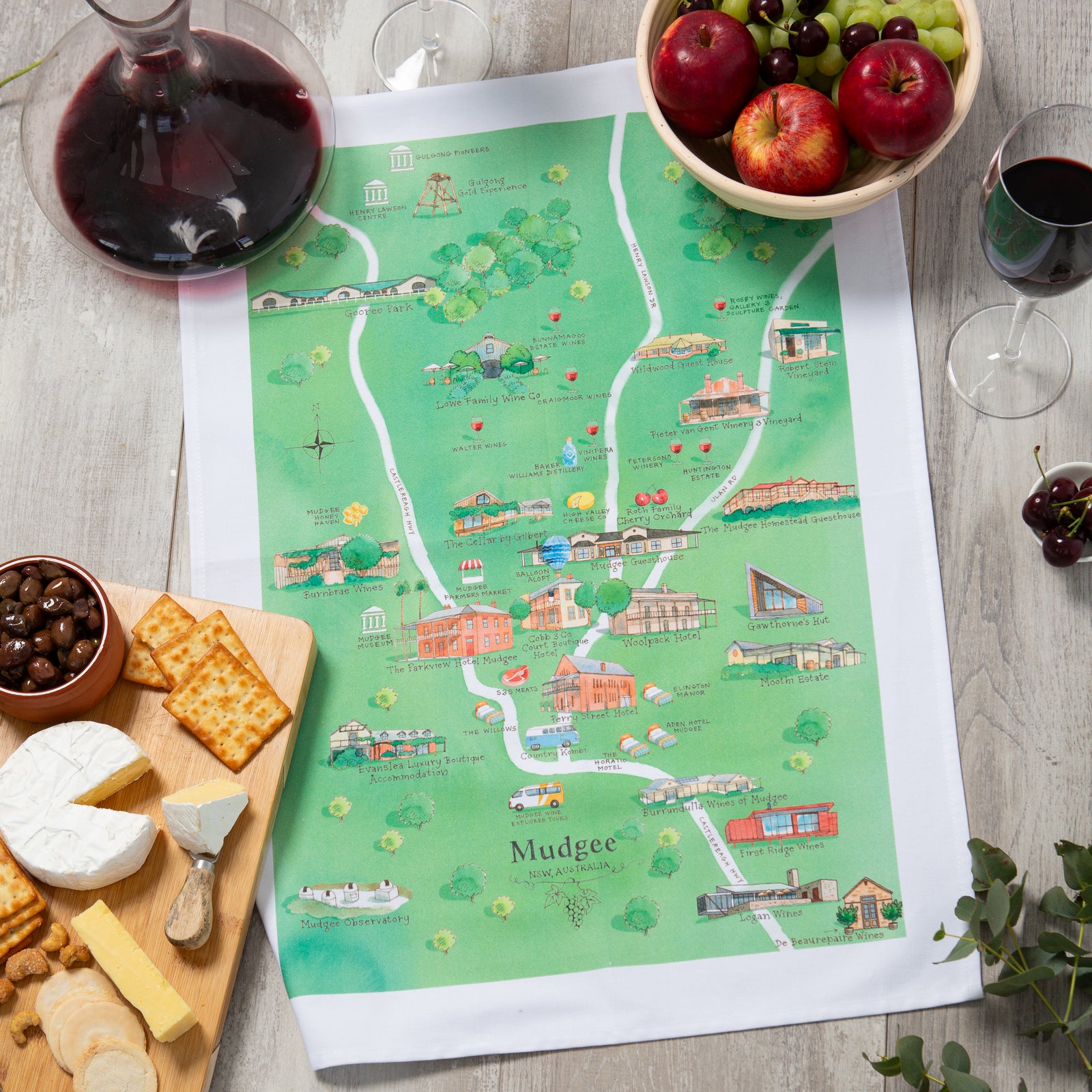 Mudgee wine region map cotton tea towel styled
