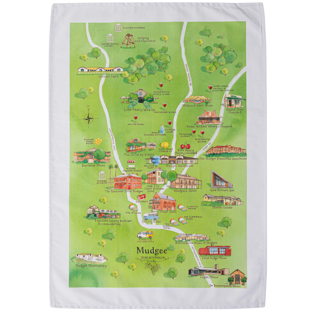Mudgee wine region map cotton tea towel flat lay lime green background