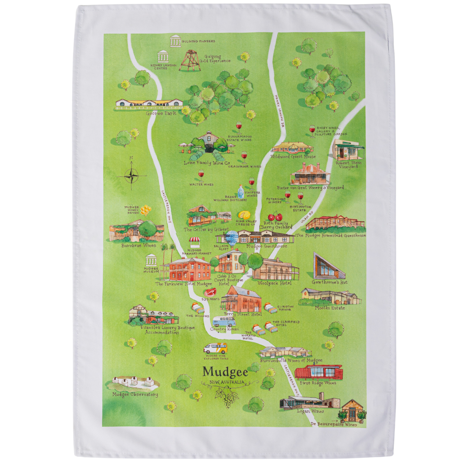 Mudgee wine region map cotton tea towel flat lay lime green background