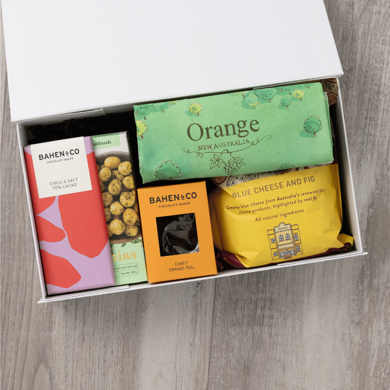 Gourmet popcorn, artisanal chocolate, hand-roasted macadamias, plus a watercolour-illustrated map cotton tea towel of Orange and matching greeting card in a gift hamper with free delivery