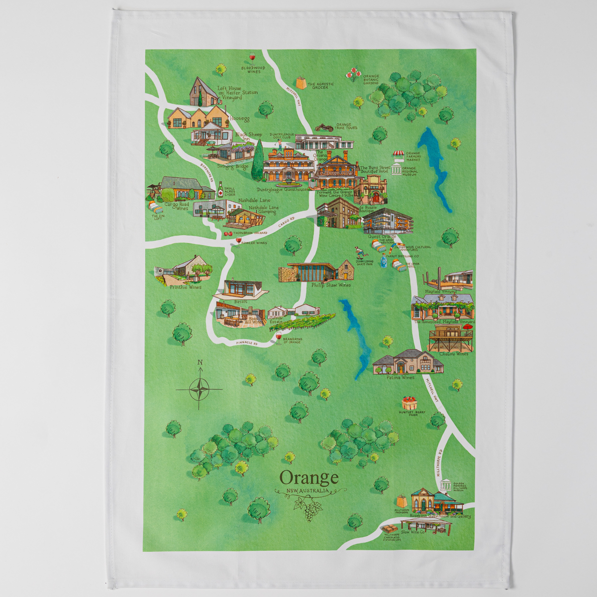Orange wine region map cotton tea towel flat lay