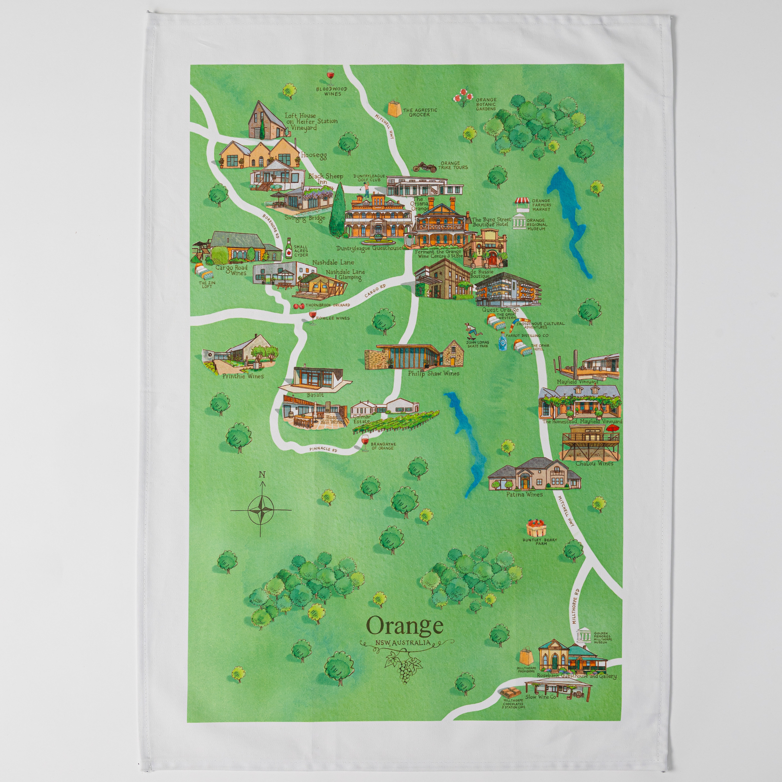 Orange wine region map cotton tea towel flat lay
