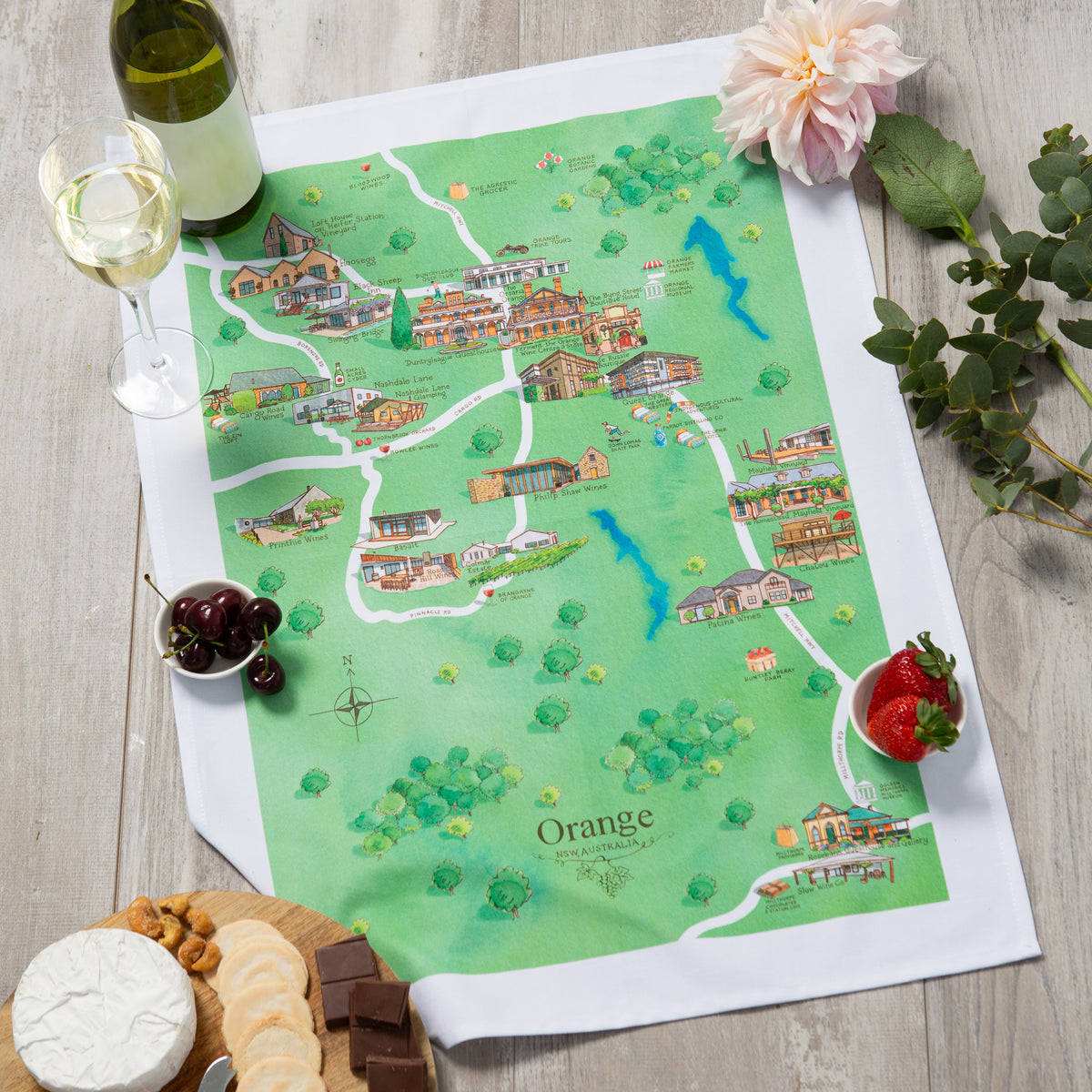 Orange wine region map cotton tea towel styled