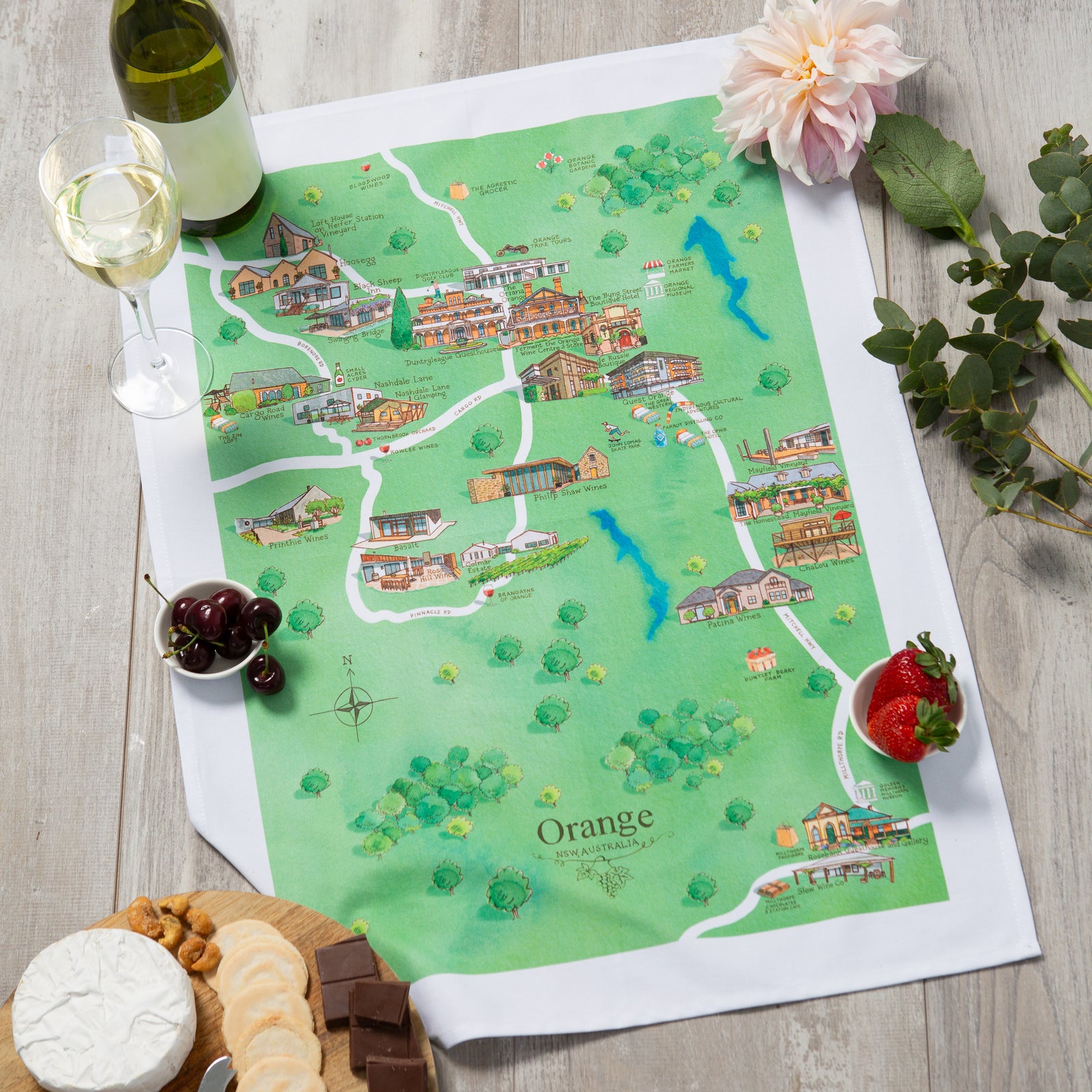 Orange wine region map cotton tea towel styled