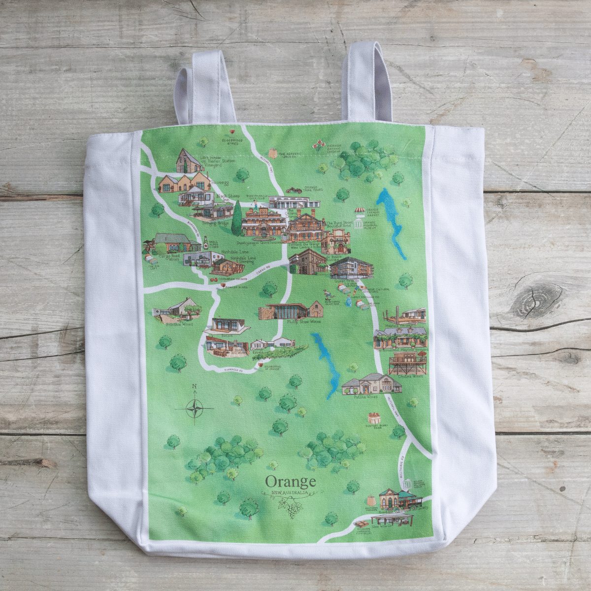 Australian Map Gifts canvas Orange wine region map tote bag on counter