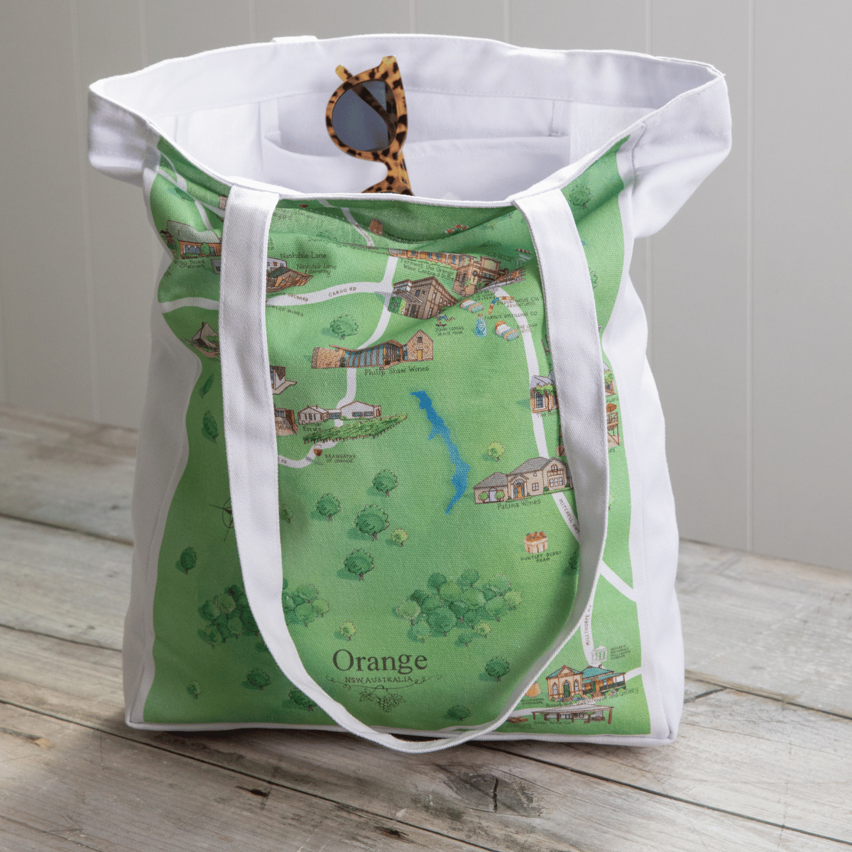 Australian Map Gifts canvas Orange wine region map tote bag with sunglasses in pocket