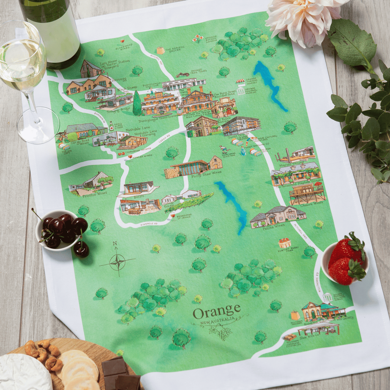 Orange wine region map tea towel