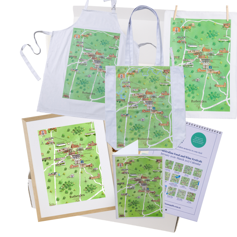 Rutherglen DIY gift box with apron, tea towel, A4 print, greeting card, tote bag and Australian Food & Wine Festivals Calendar