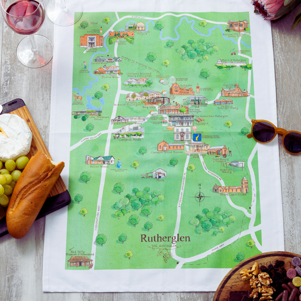 Australian Map Gifts cotton Rutherglen wine region map tea towel styled