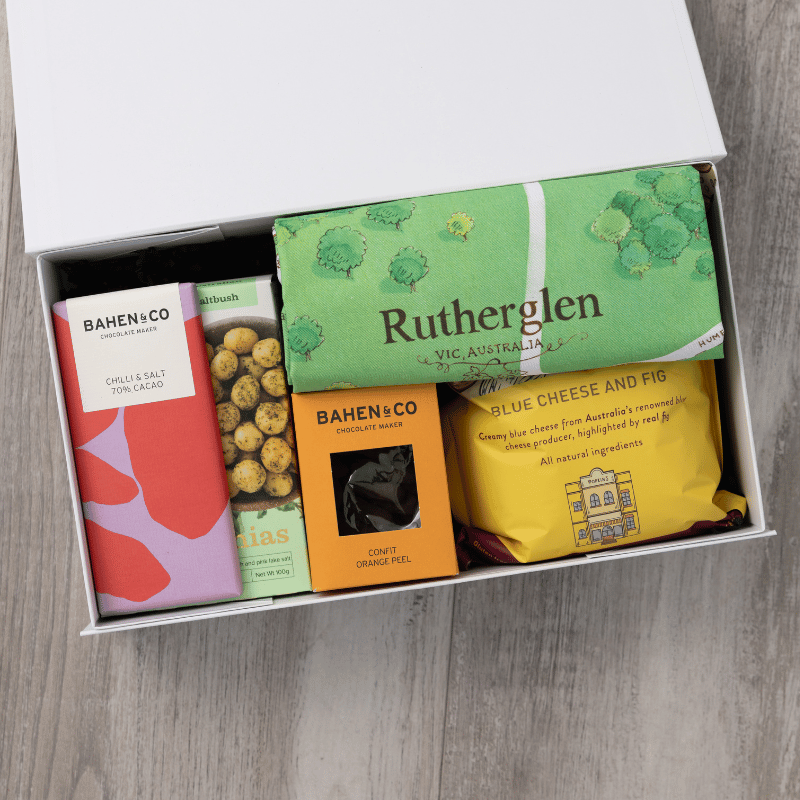 Gourmet popcorn, artisanal chocolate, hand-roasted macadamias, plus a watercolour-illustrated map cotton tea towel of Rutherglen and matching greeting card in a gift hamper with free delivery