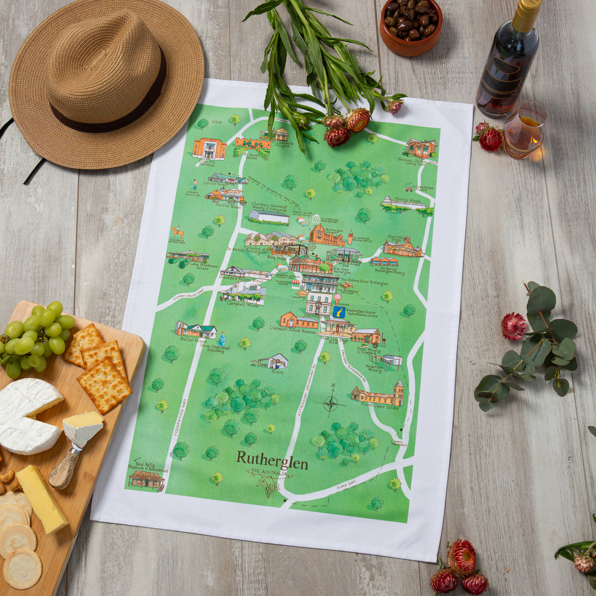 Rutherglen wine region map cotton tea towel styled