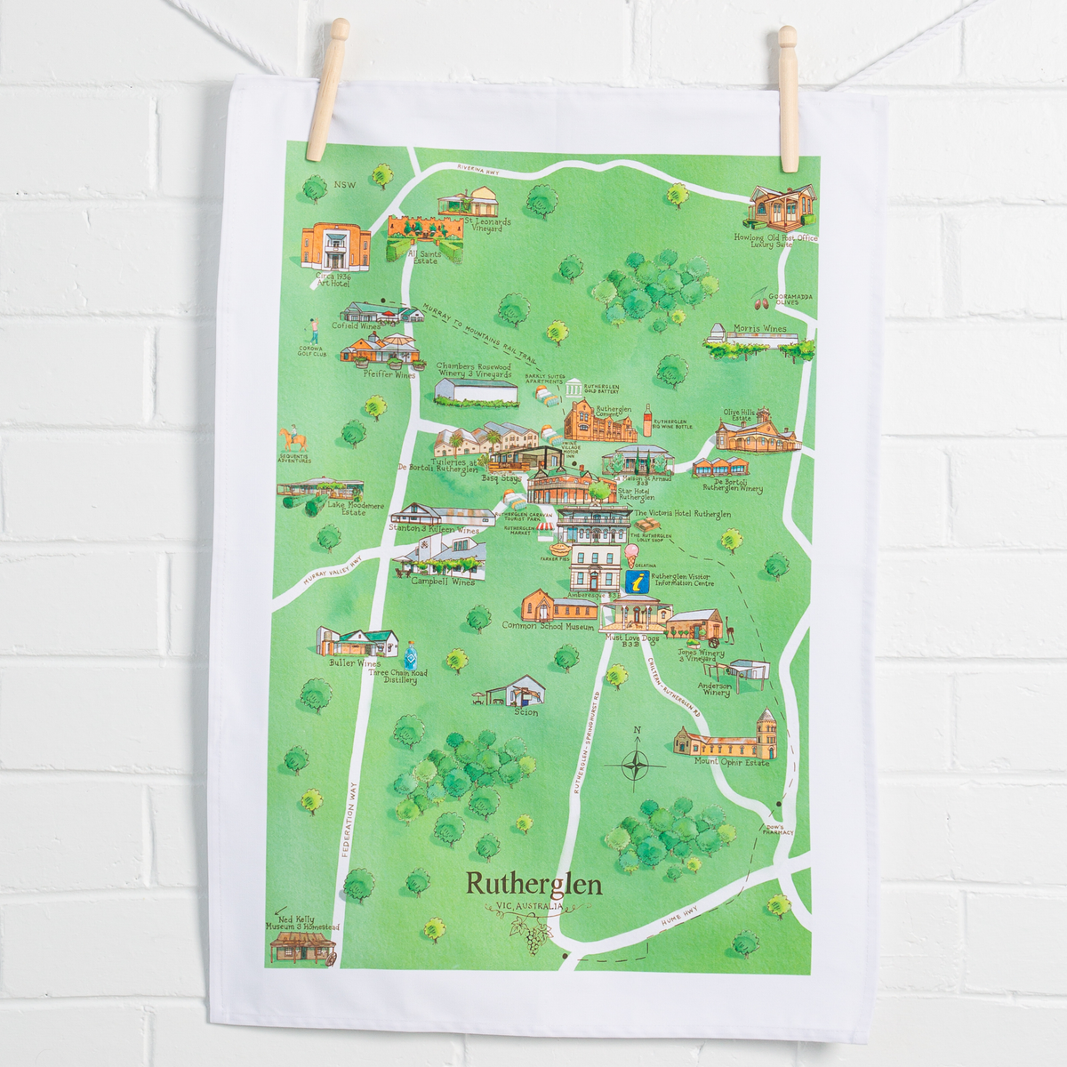 Rutherglen wine region map cotton tea towel on wall