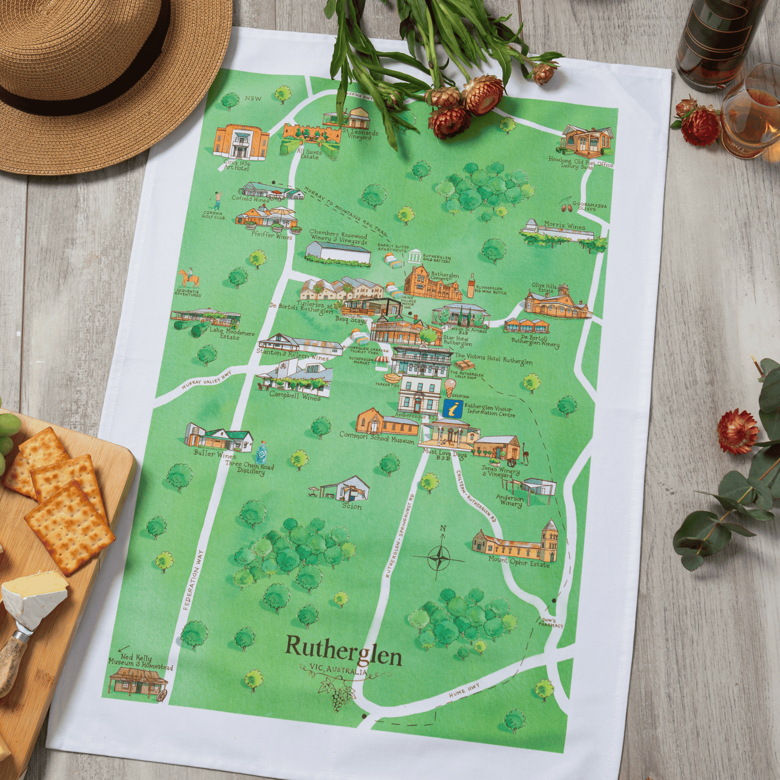 Rutherglen wine region map tea towel styled