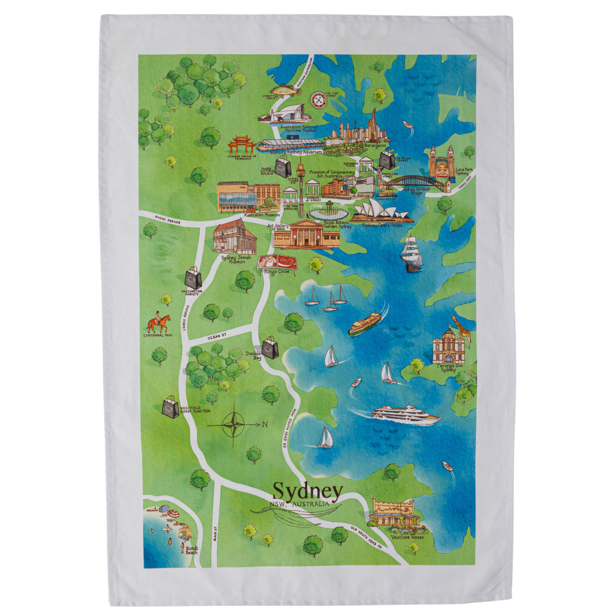 Sydney tourist attractions map cotton tea towel flat lay