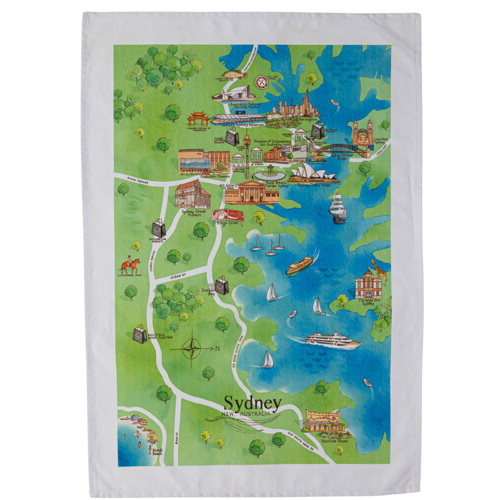 Sydney tourist attractions map cotton tea towel flat lay