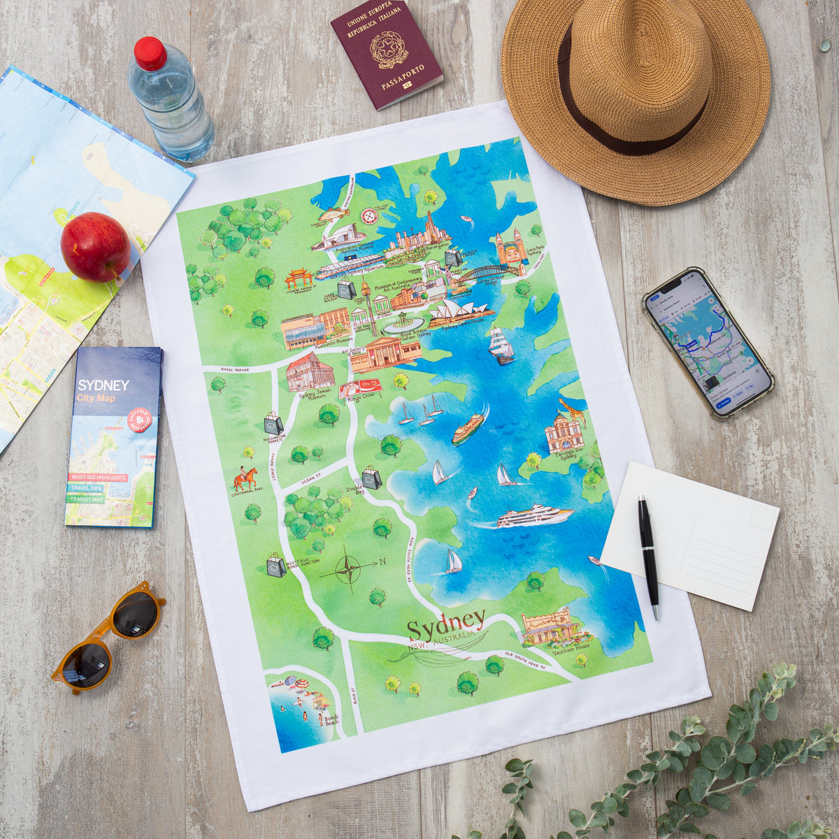 Sydney tourist attractions map cotton tea towel styled
