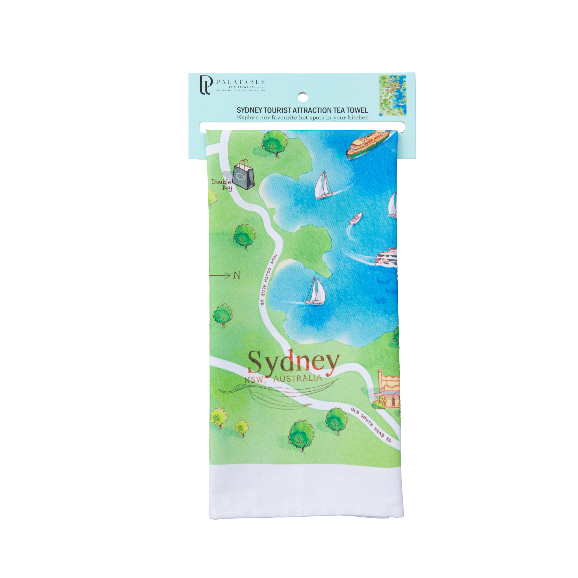 Sydney tourist attractions map tea towel with header tag
