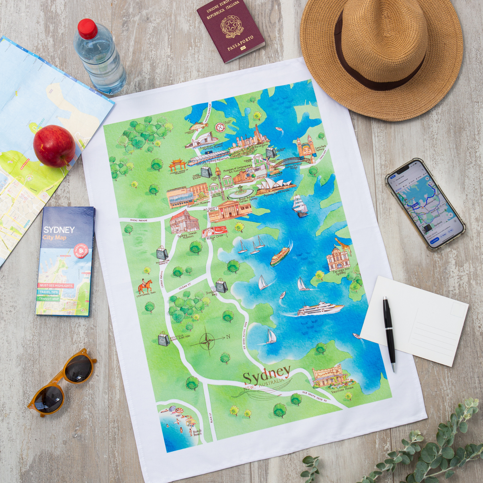 Sydney tourist attractions map tea towel