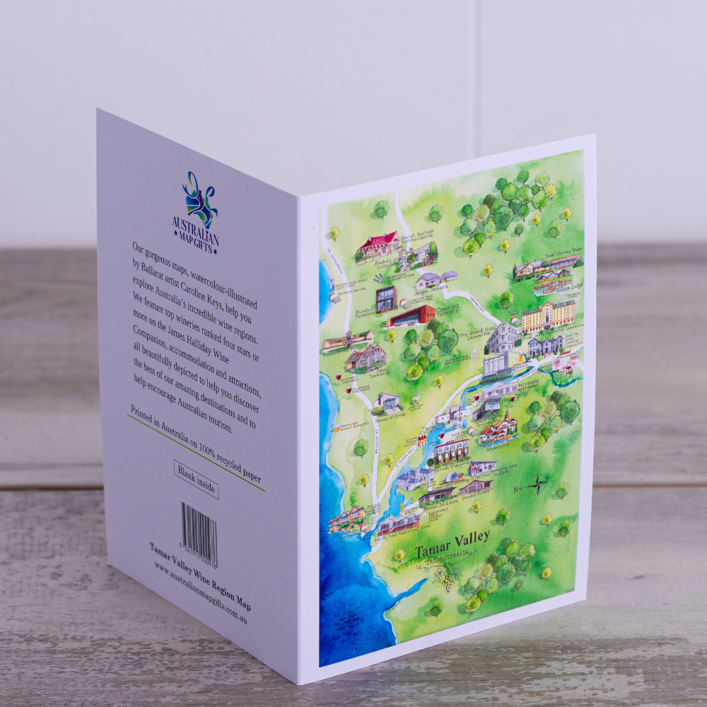 Tamar Valley 2.0 wine region map greeting card opened out