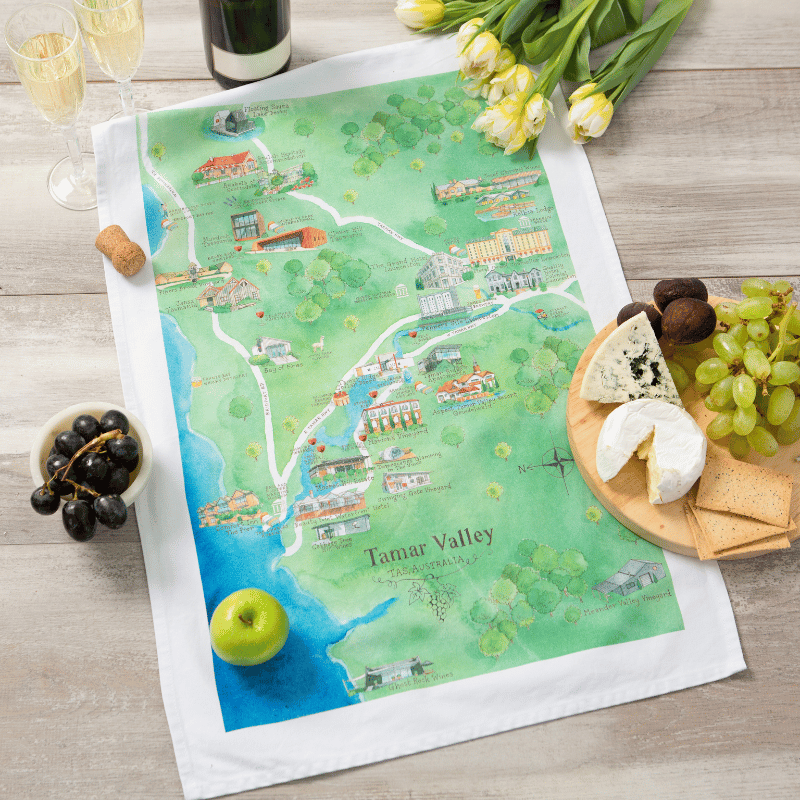 Tamar Valley wine region map tea towel