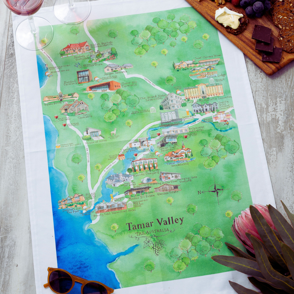Australian Map Gifts cotton Tamar Valley 2.0 wine region map tea towel styled 
