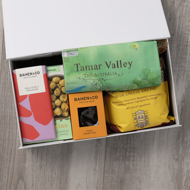 Gourmet popcorn, artisanal chocolate, hand-roasted macadamias, plus a watercolour-illustrated map cotton tea towel of the Tamar Valley and matching greeting card in a gift hamper with free delivery