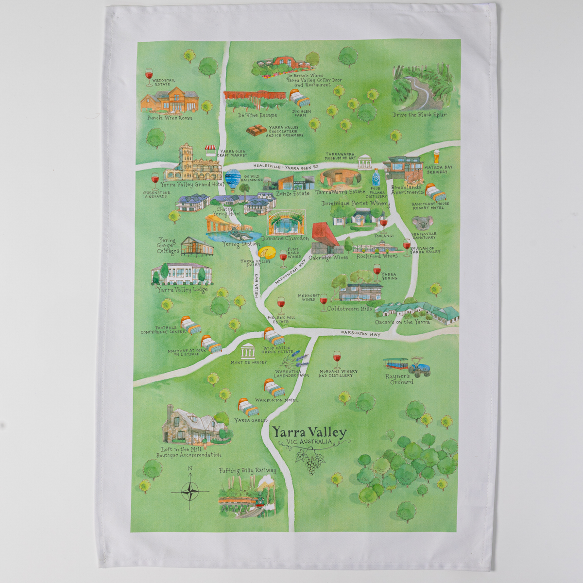 Yarra_Valley_wine_region_map_cotton_tea_towel_styled_flat lay