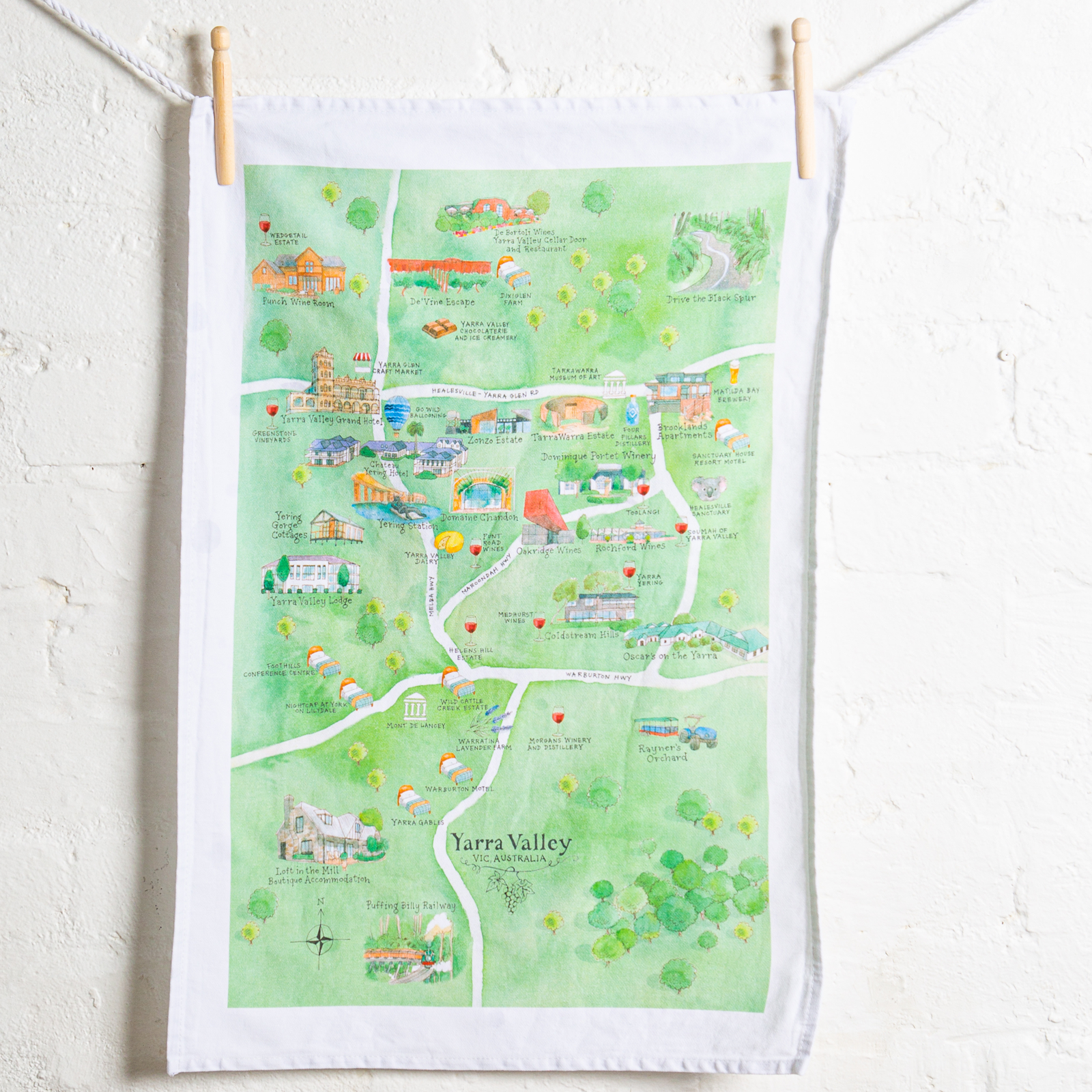 Yarra_Valley_wine_region_map_cotton_tea_towel_styled_on_wall