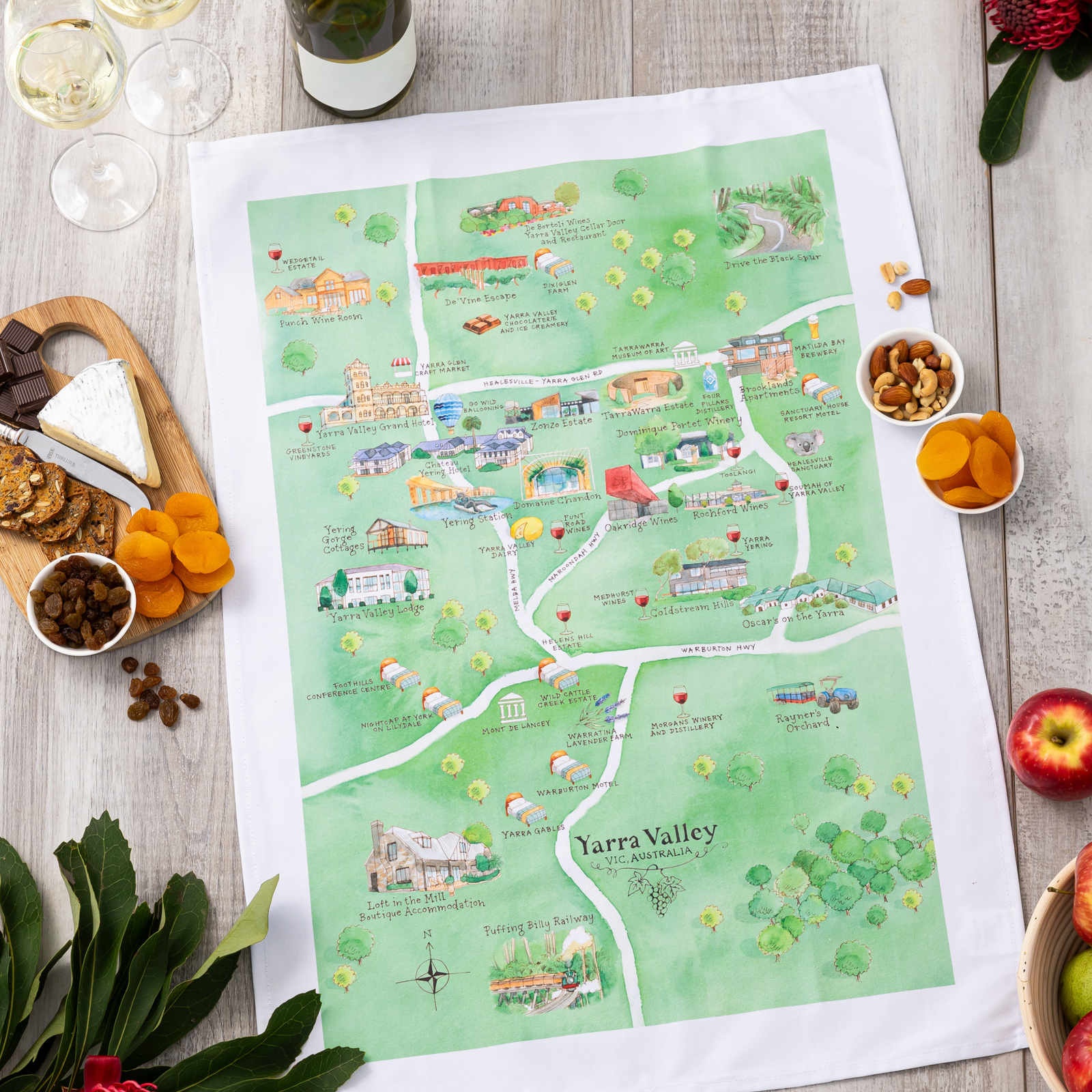 Yarra_Valley_wine_region_map_cotton_tea_towel_styled_on_counter