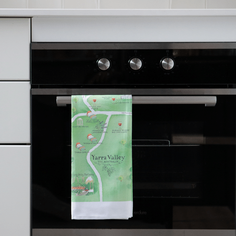 Australian Map Gifts Yarra Valley wine region tea towel over oven door