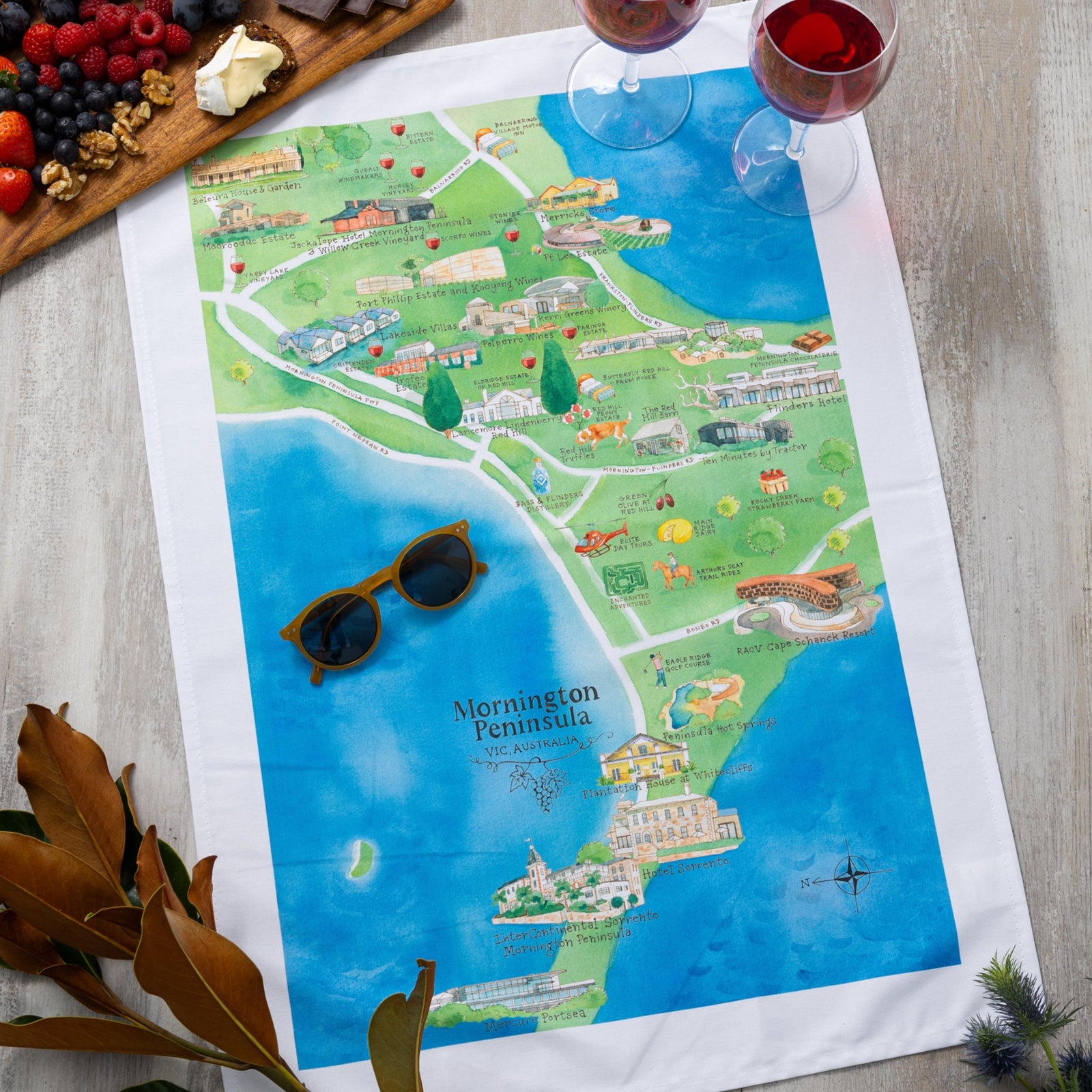 Australian Map Gifts cotton Mornington Peninsula 3.0 wine region map tea towel styled