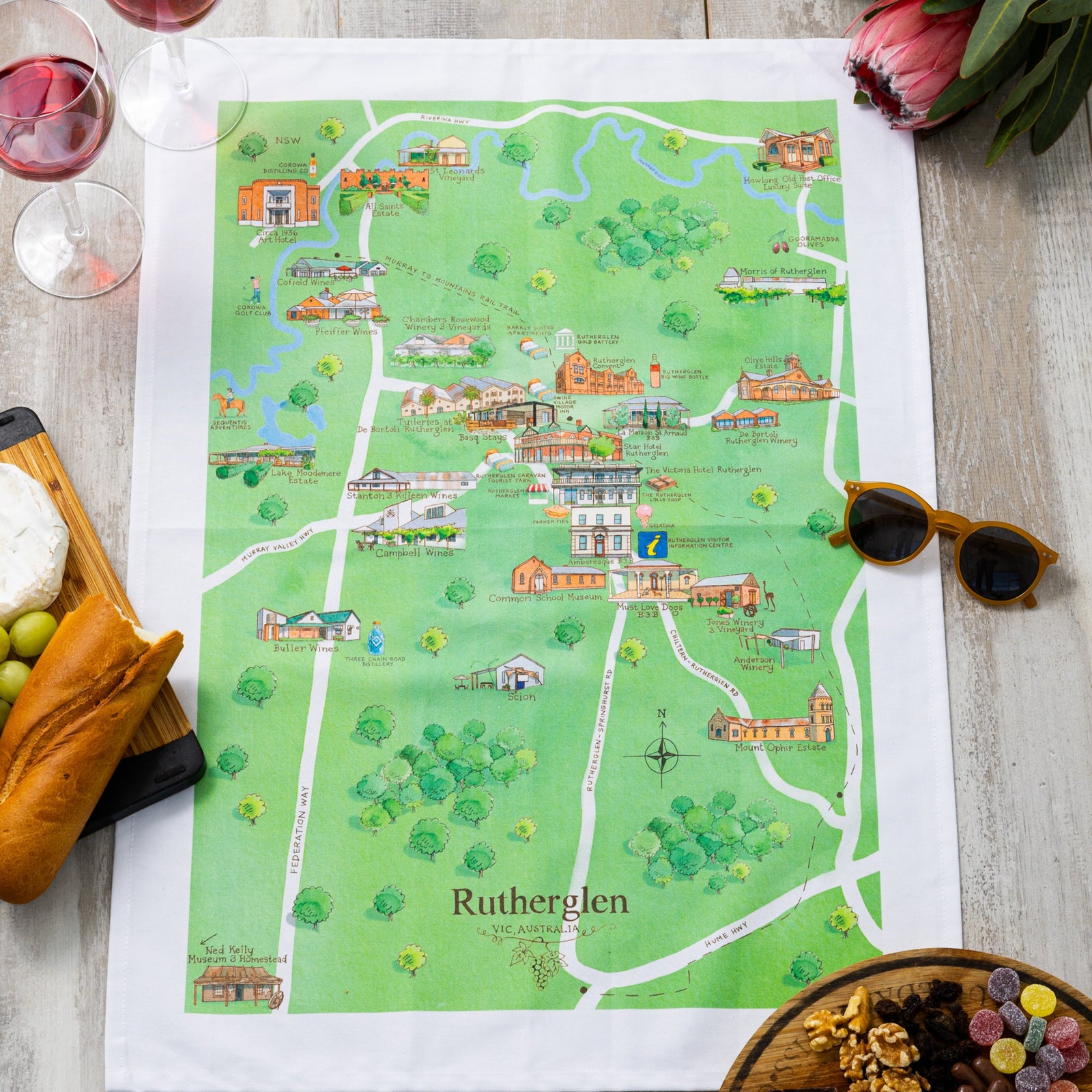Australian Map Gifts cotton Rutherglen wine region map tea towel styled