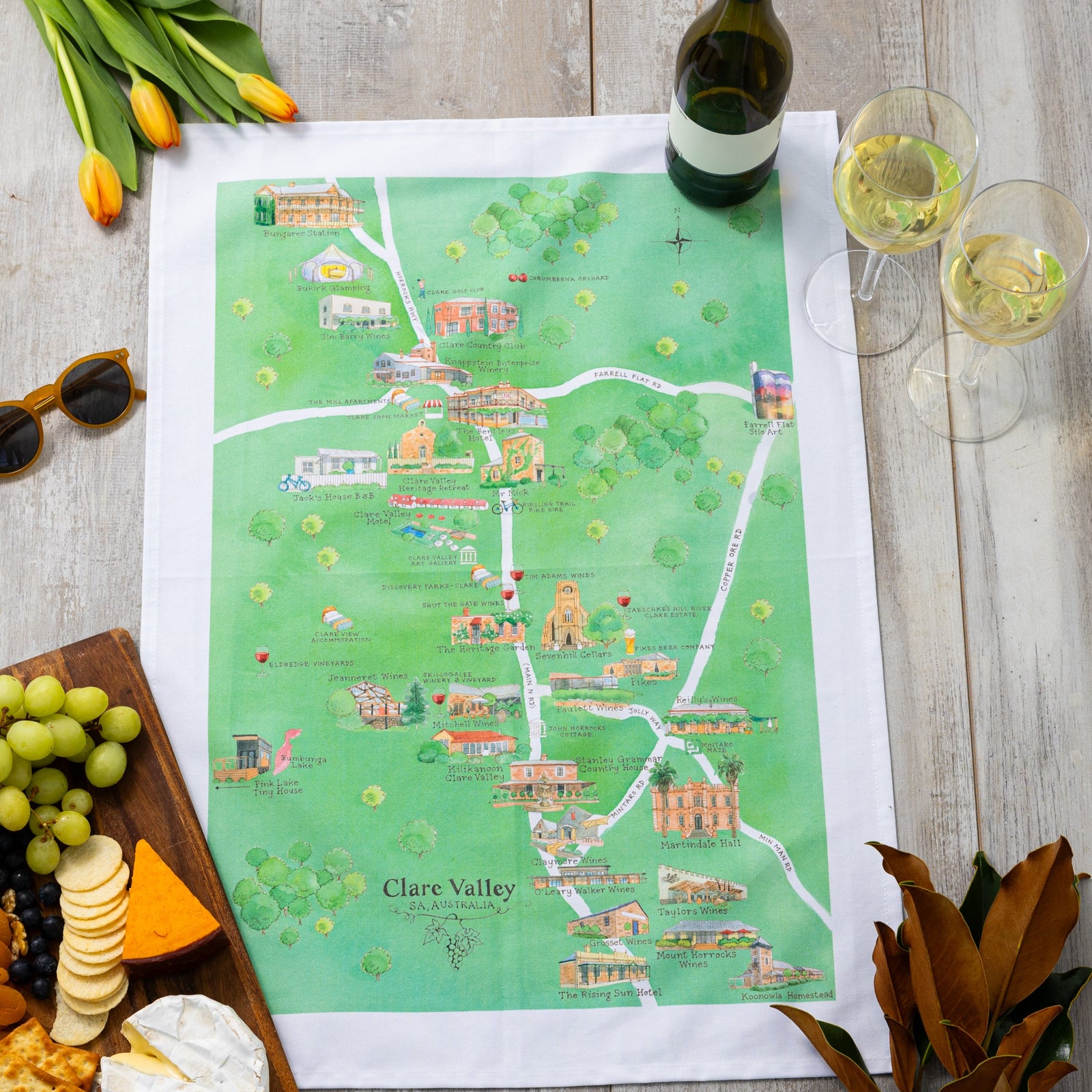 Australian Map Gifts cotton Clare Valley 2.0 wine region map tea towel styled